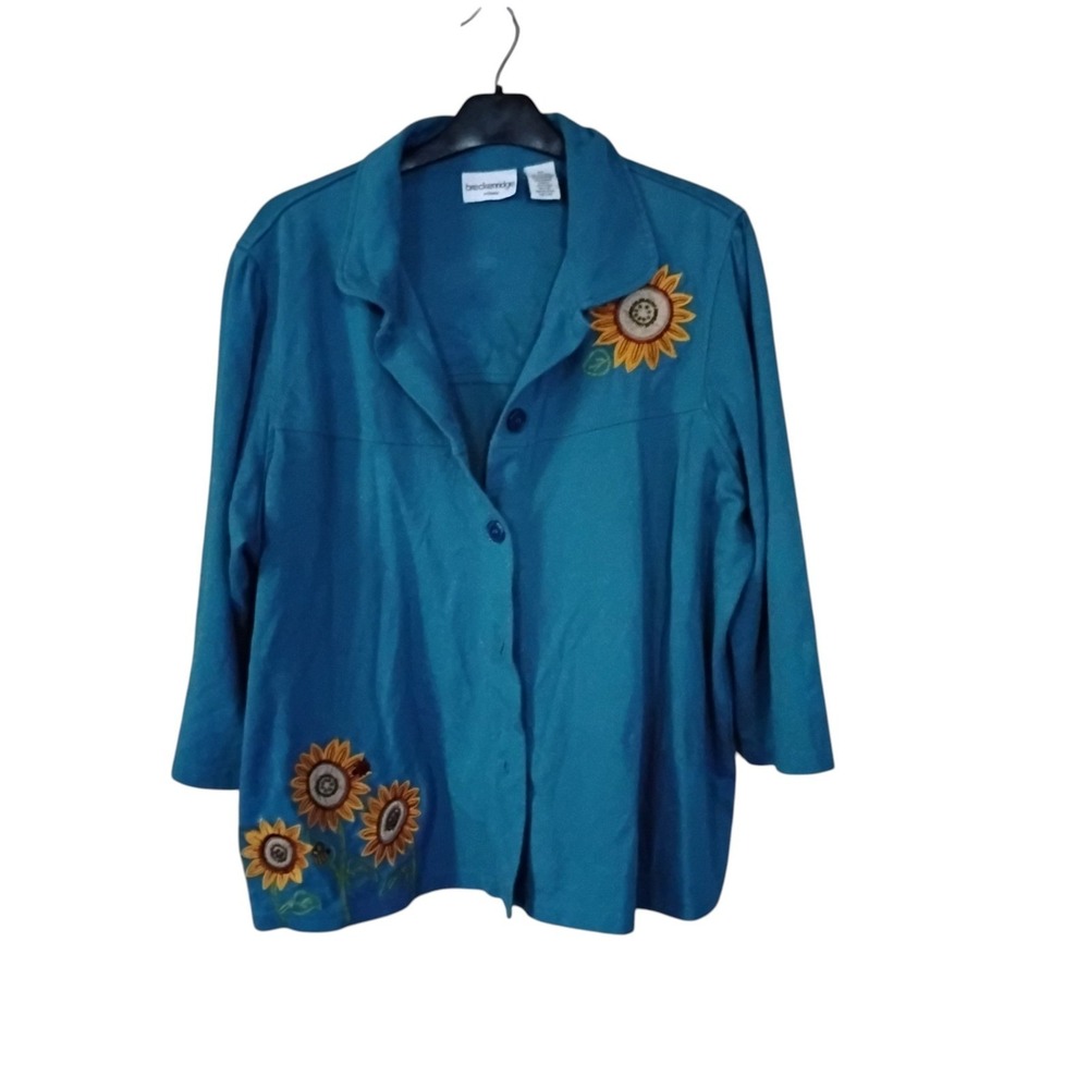 Breckenridge Woman Teal Sunflower Embroidered Button Front Shirt Plus 2X Cotton